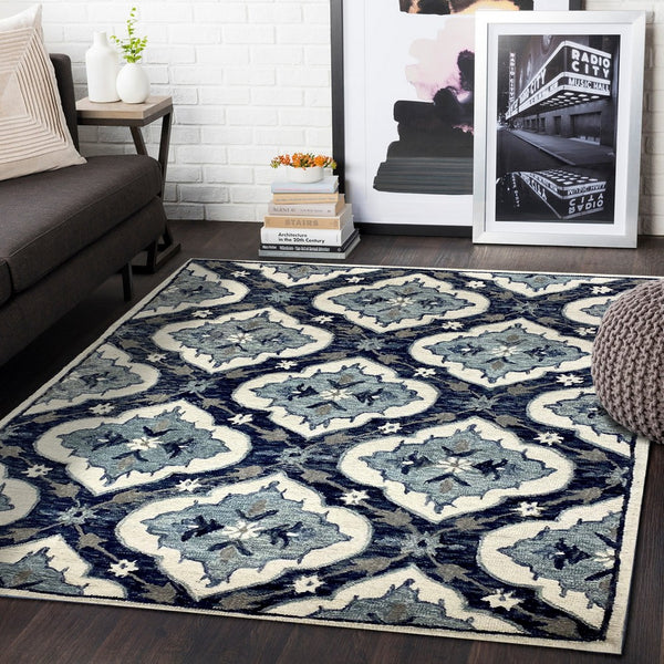 5’ x 7’ Blue and Cream Floral Trellis Area Rug