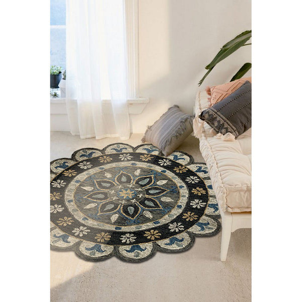 3’ Round Gray Border Floral Medallion Area Rug