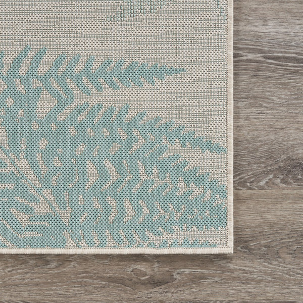 5’ x 7’ Teal Fern Leaves Indoor Outdoor Area Rug