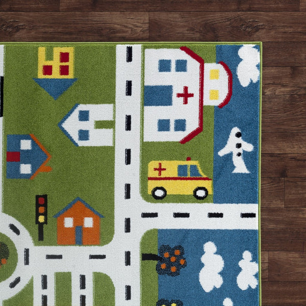 5’ x 7’ Green Imaginative Town Area Rug