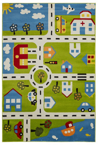 5’ x 7’ Green Imaginative Town Area Rug