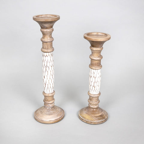 Set of Two White Wooden Carved Candle Holders