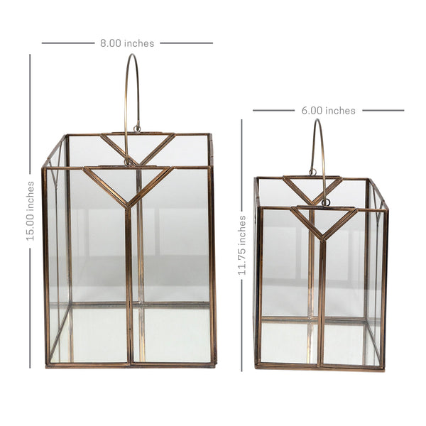 Set of Two Gold Metal and Glass Lanterns