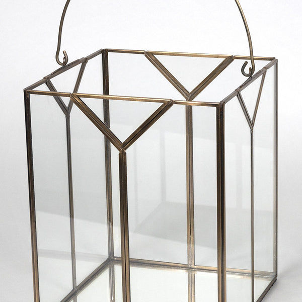 Set of Two Gold Metal and Glass Lanterns