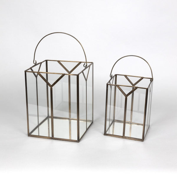 Set of Two Gold Metal and Glass Lanterns