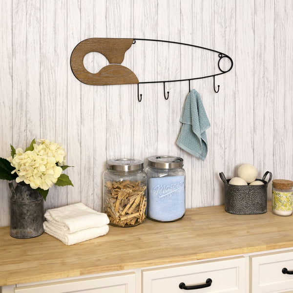 Stratton Home Decor Farmhouse Wood and Metal Safety Pin Laundry Wall Hooks