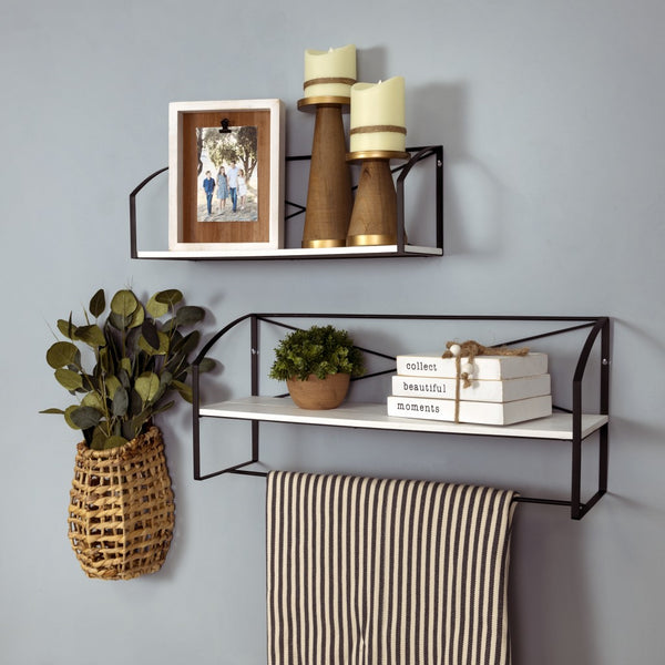 Stratton Home Decor Modern Farmhouse Set of 2 Metal and Wood Wall Shelves