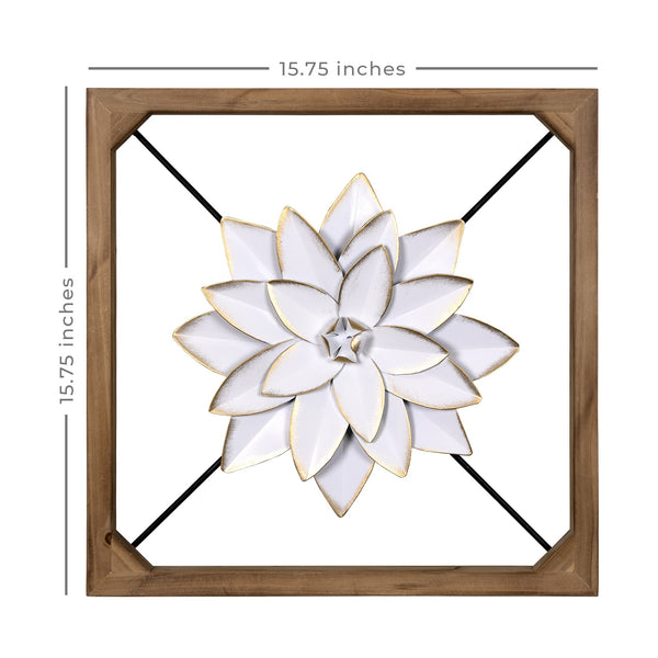 Wood Framed White Metal Flower Wall Décor