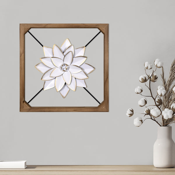 Wood Framed White Metal Flower Wall Décor