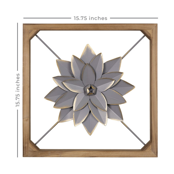 Wood Framed Gray Metal Flower Wall Décor