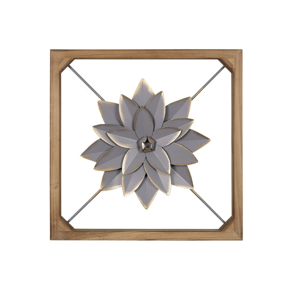 Wood Framed Gray Metal Flower Wall Décor