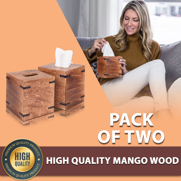 Set of 2 Rustic Natural Mango Wood Square Tissue Holders