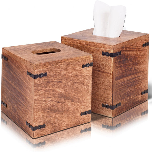 Set of 2 Rustic Natural Mango Wood Square Tissue Holders