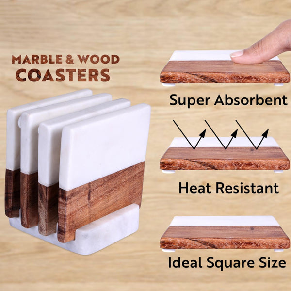 Set of Four Square Wood and Marble Coasters with Stand