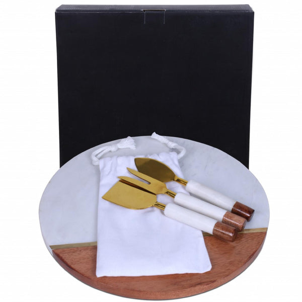 12" Wood and Marble and Gold Cheese Board and Knife Set