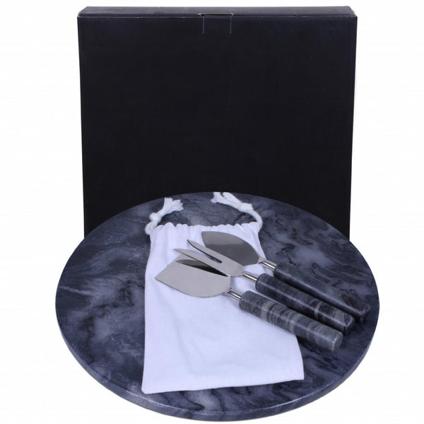 12" Round Black Marble Cheese Board and Knife Set