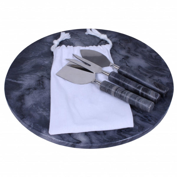 12" Round Black Marble Cheese Board and Knife Set