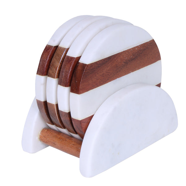 Set of Four Round Wood and Marble Coasters with Stand