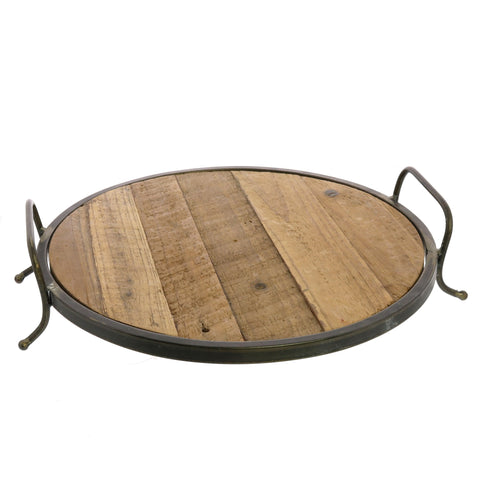 Round Wooden Tray with Metal Edges