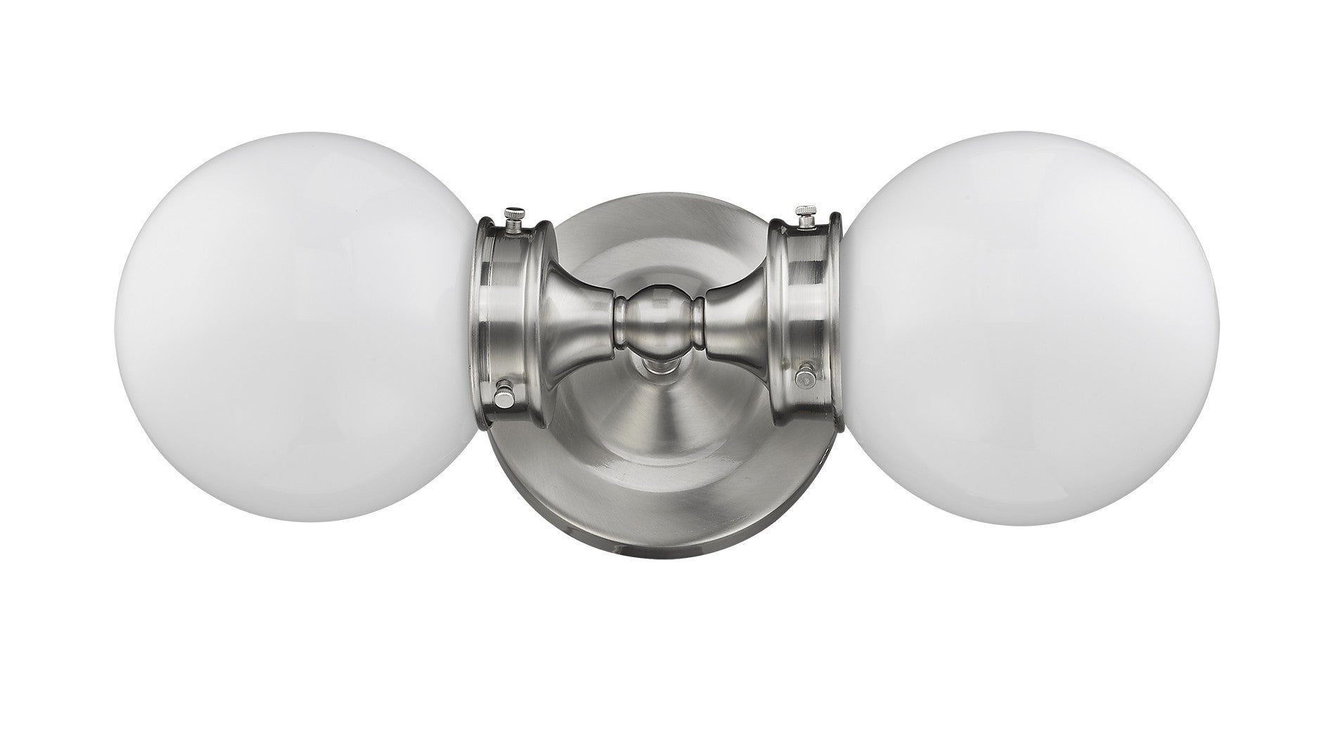 Fairfax 2-Light Satin Nickel Vanity With White Globe Shades