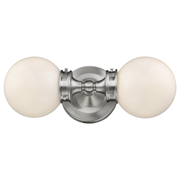 Fairfax 2-Light Satin Nickel Vanity With White Globe Shades