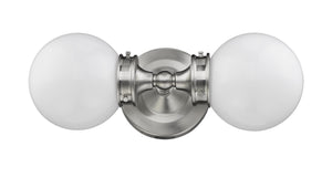 Fairfax 2-Light Satin Nickel Vanity With White Globe Shades