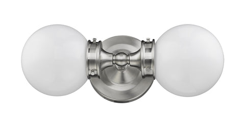 Fairfax 2-Light Satin Nickel Vanity With White Globe Shades