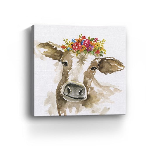 20" Watercolor Floral Cow Canvas Wall Art