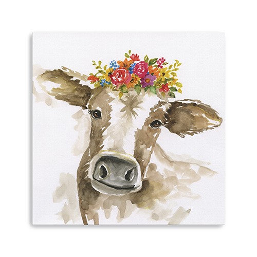 30" Watercolor Floral Cow Canvas Wall Art