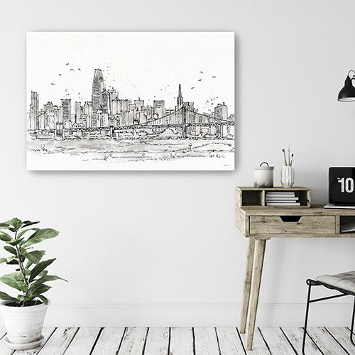 24" Monochrome City Skyline Sketch Canvas Wall Art