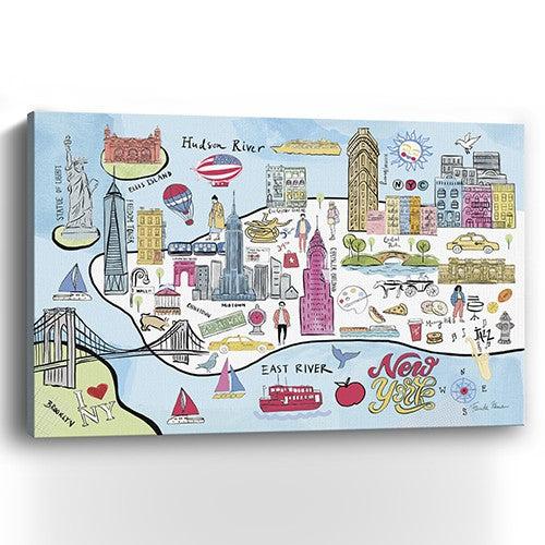 24" Fun Illustrated NYC Map Canvas Wall Art