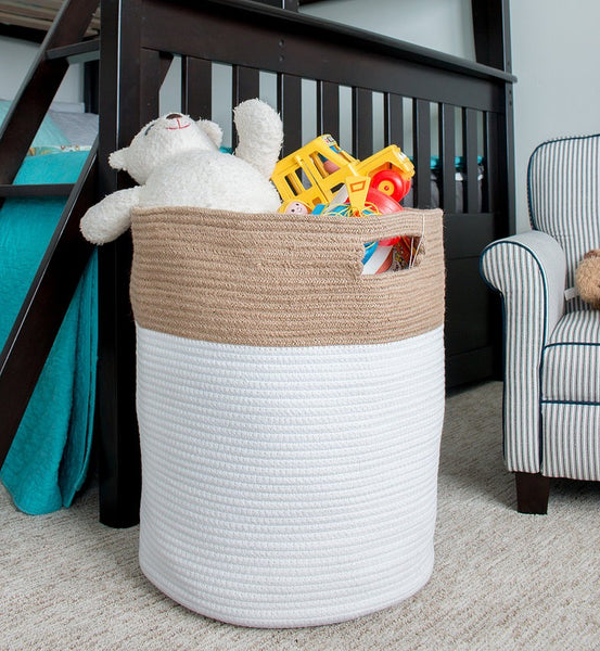 19" White and Natural Jute Woven Rope Basket