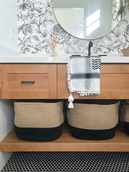 Black and Natural Jute Rope Cubby Baskets, Set of Two