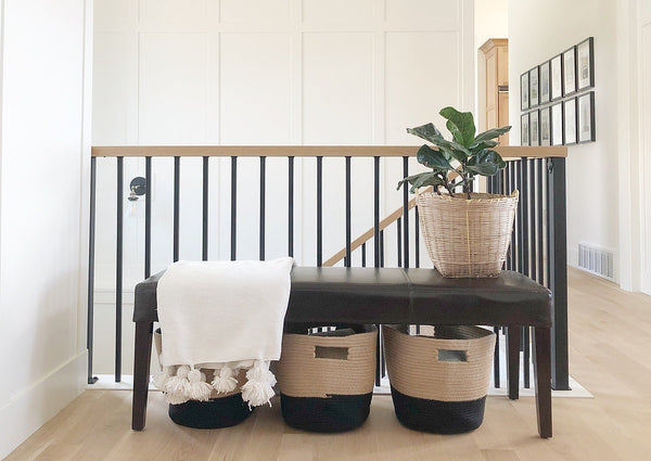 Black and Natural Jute Rope Cubby Baskets, Set of Two