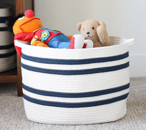 Navy and White Stripe Cotton Rope Cubby Baskets, Set of Two