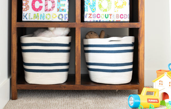 Navy and White Stripe Cotton Rope Cubby Baskets, Set of Two