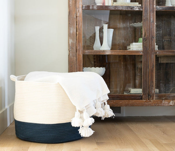 15" White and Blue Woven Rope Basket