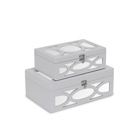 Set of Two White Oval Scroll Mirror Jewelry Storage Boxes