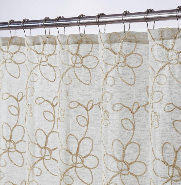 Tan and White Floral Embroider Shower Curtain