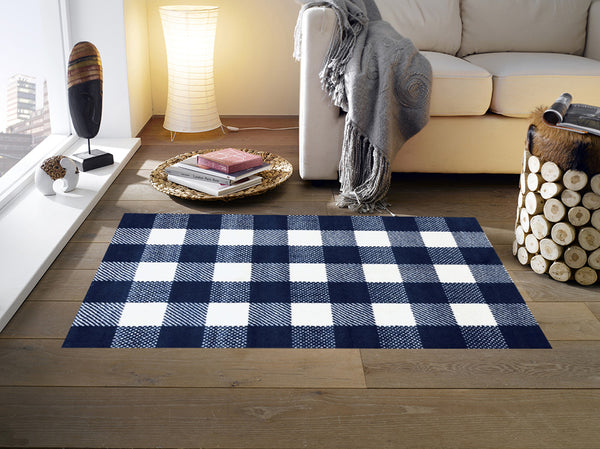 2' x 3' Navy and White Buffalo Plaid Washable Floor Mat