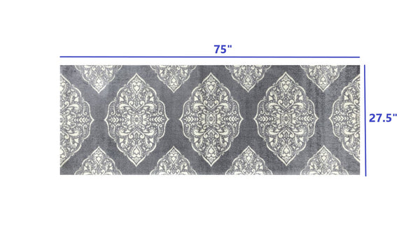 2' x 6' Gray and Ivory Scallop Medallion Washable Runner Rug