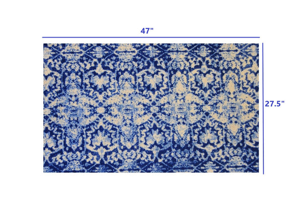 2' x 4' Shades of Blue Vintage Floral Washable Floor Mat