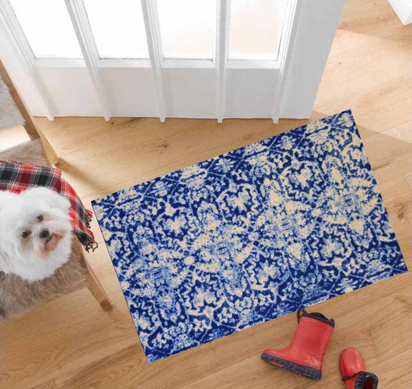 2' x 4' Shades of Blue Vintage Floral Washable Floor Mat