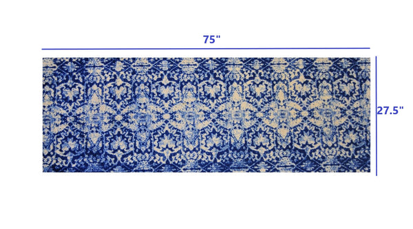 2' x 6' Shades of Blue Vintage Floral Washable Runner Rug