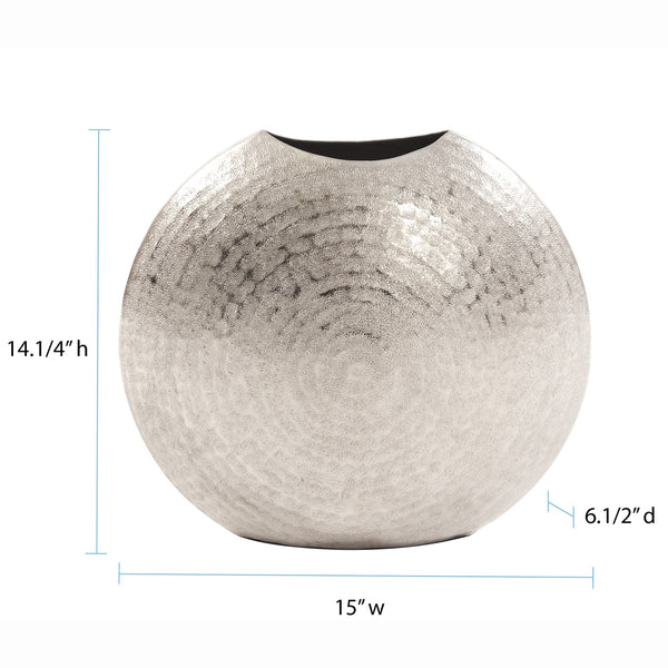 14' Hammered Silver Disc Shape Decorative Vase