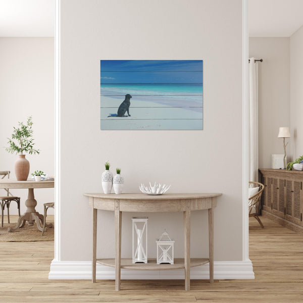 26" Energetic Dog at the Beach Wood Plank Wall Art