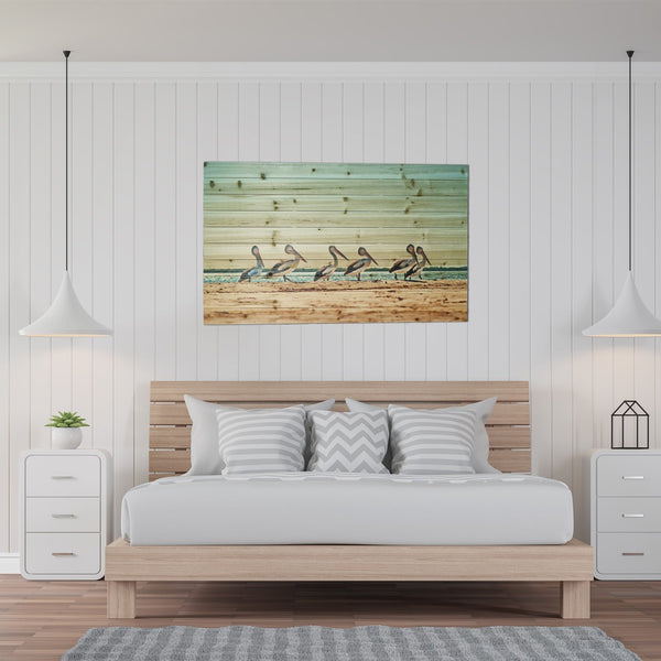 48" Pelican Flock at the Beach Wood Plank Wall Art