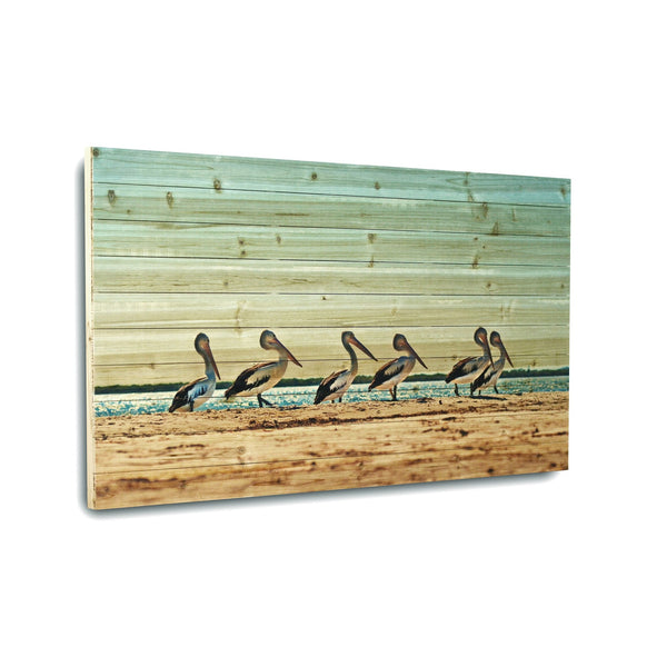 48" Pelican Flock at the Beach Wood Plank Wall Art