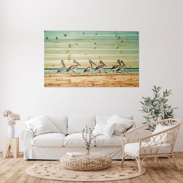 48" Pelican Flock at the Beach Wood Plank Wall Art