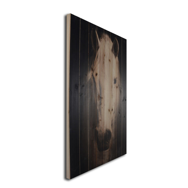 White Horse with Black Background Wood Plank Wall Art